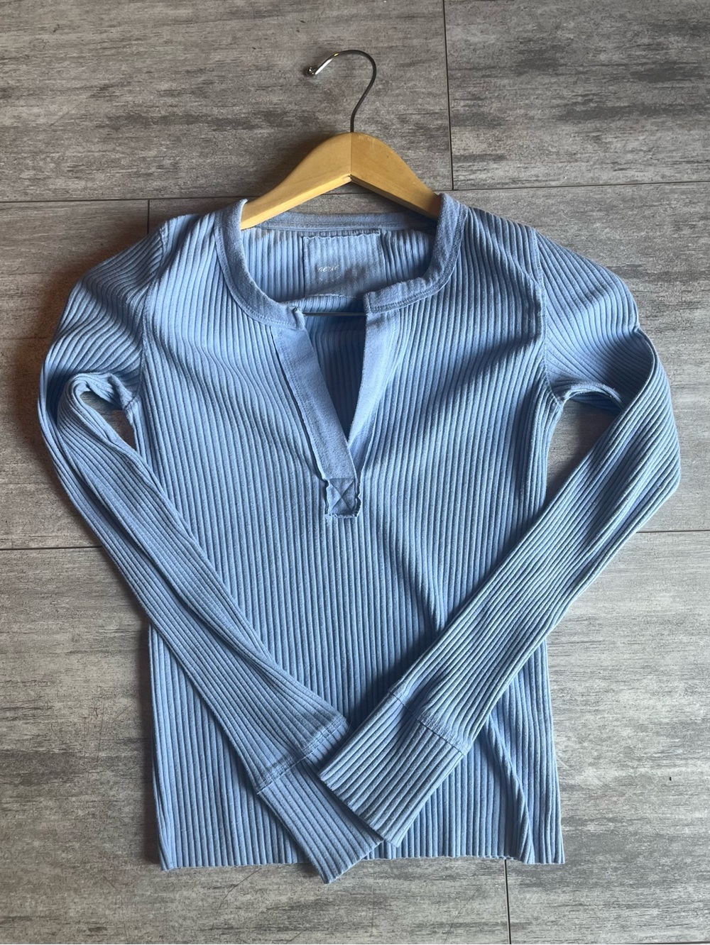 Aerie Ribbed Long-Sleeve Henley Top, Light Blue, Small